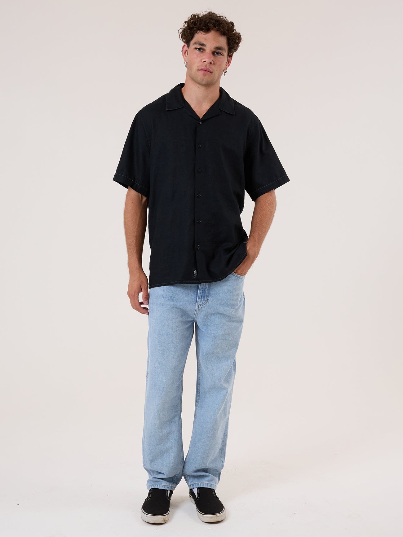 Hemp Minimal Thrills Contrast Stitch Bowling Shirt - Black - Grey Contrast